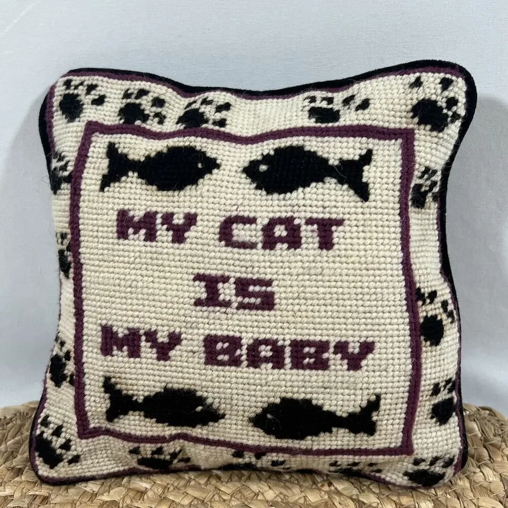 Vintage 100% Wool Needlepoint Pillow “My Cat Is My Baby